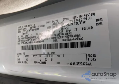 2020 Ford Transit-350 Passenger Van Xl z USA, uszkodzony, nr VIN 1FBAX2Y85LKB01361